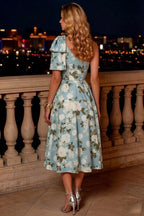 Giselle Blue Asymmetric Floral Midi Dress with Bow Sleeve