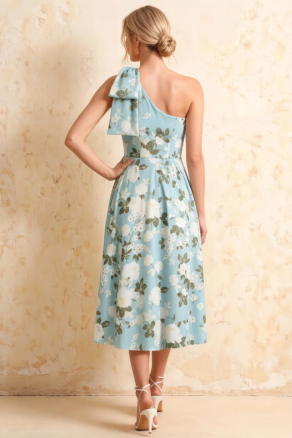 Giselle Blue Asymmetric Floral Midi Dress with Bow Sleeve