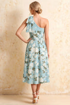 Giselle Blue Asymmetric Floral Midi Dress with Bow Sleeve