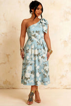 Giselle Blue Asymmetric Floral Midi Dress with Bow Sleeve