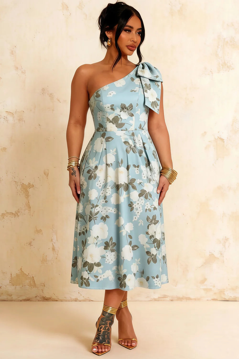 Giselle Blue Asymmetric Floral Midi Dress with Bow Sleeve