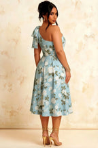 Giselle Blue Asymmetric Floral Midi Dress with Bow Sleeve