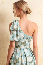 Giselle Blue Asymmetric Floral Midi Dress with Bow Sleeve
