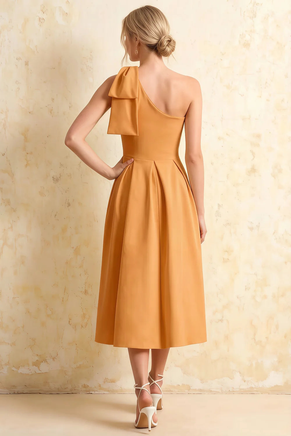 Giselle Bronze Midi Asymmetric Dress with Bow Detail