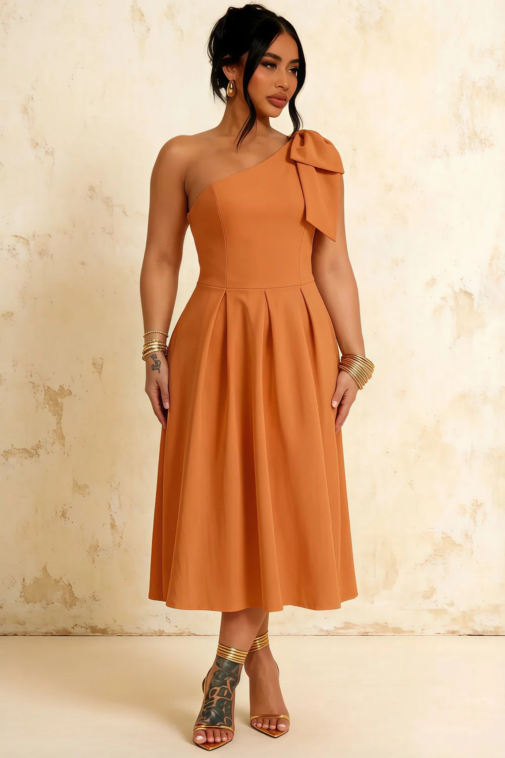 Giselle Bronze Midi Asymmetric Dress with Bow Detail