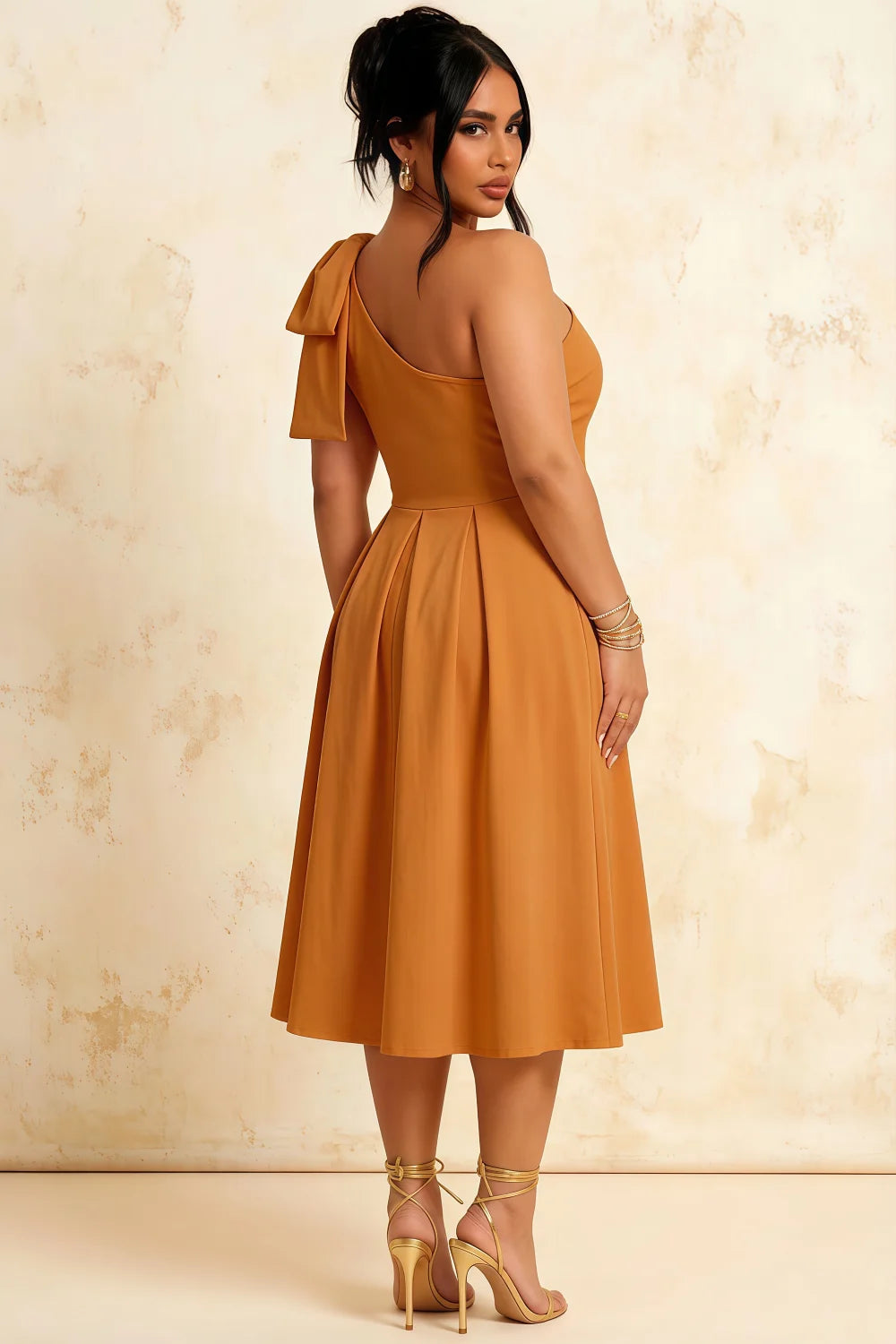 Giselle Bronze Midi Asymmetric Dress with Bow Detail