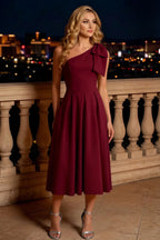 Giselle Burgundy Midi Asymmetrical Dress with Bow