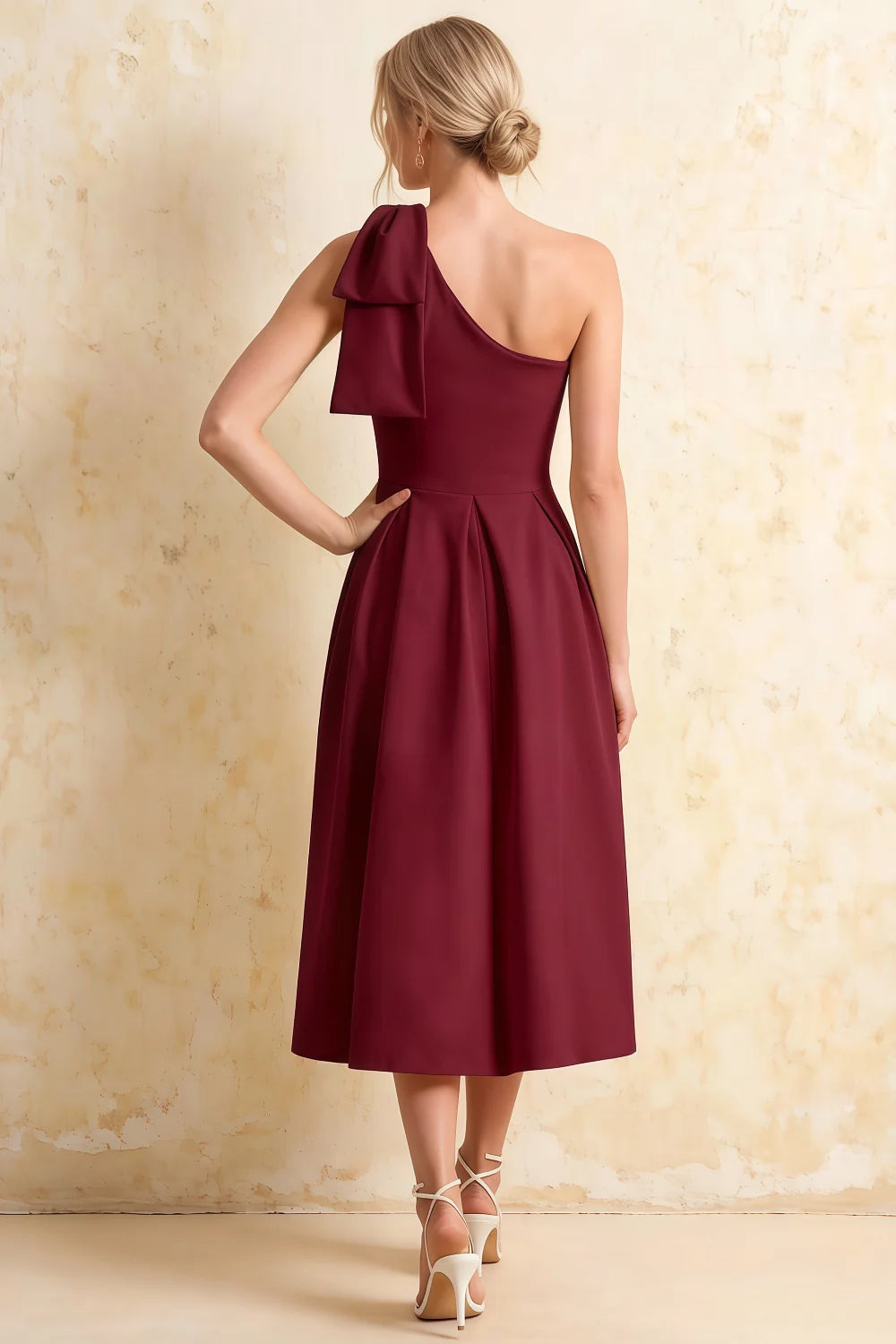 Giselle Burgundy Midi Asymmetrical Dress with Bow