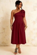 Giselle Burgundy Midi Asymmetrical Dress with Bow