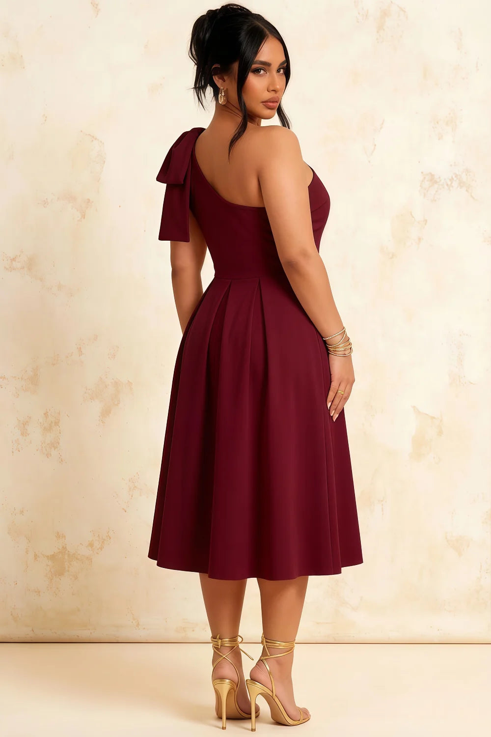 Giselle Burgundy Midi Asymmetrical Dress with Bow