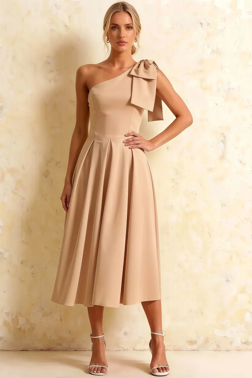 Giselle Champagne Cos Gathered Asymmetric Midi Dress