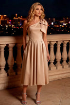 Giselle Champagne Cos Gathered Asymmetric Midi Dress
