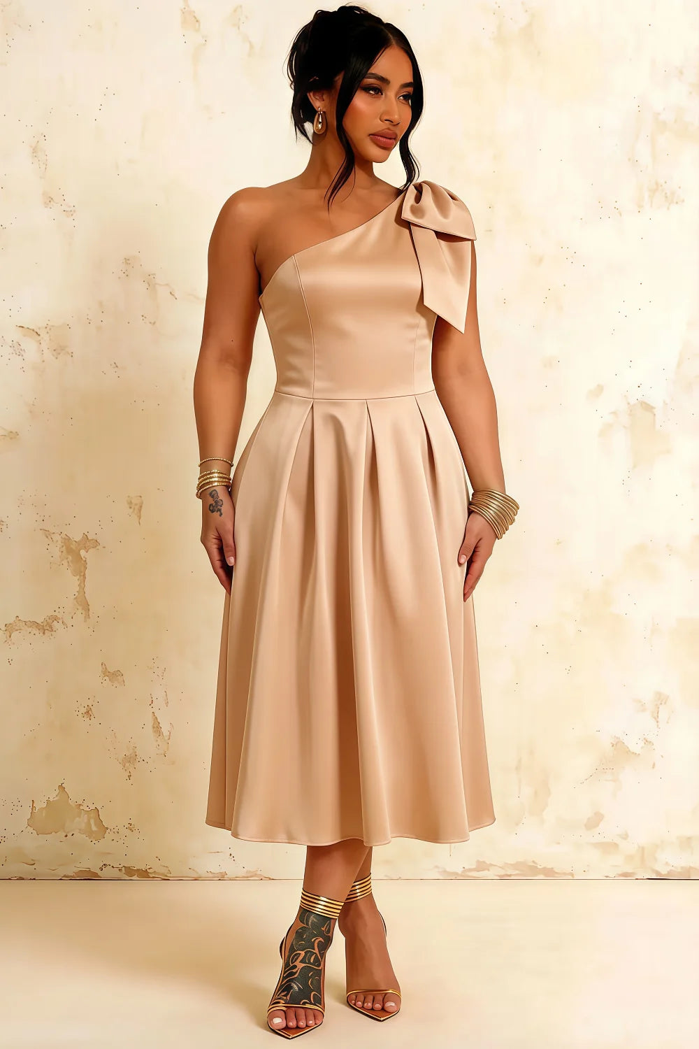 Giselle Champagne Cos Gathered Asymmetric Midi Dress