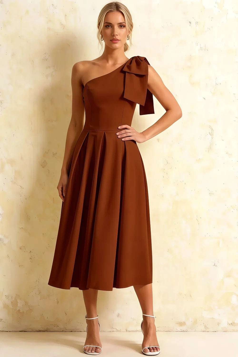 Giselle Chocolate Gathered Asymmetric Midi Dress Main image