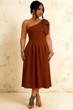 Giselle Chocolate Gathered Asymmetric Midi Dress