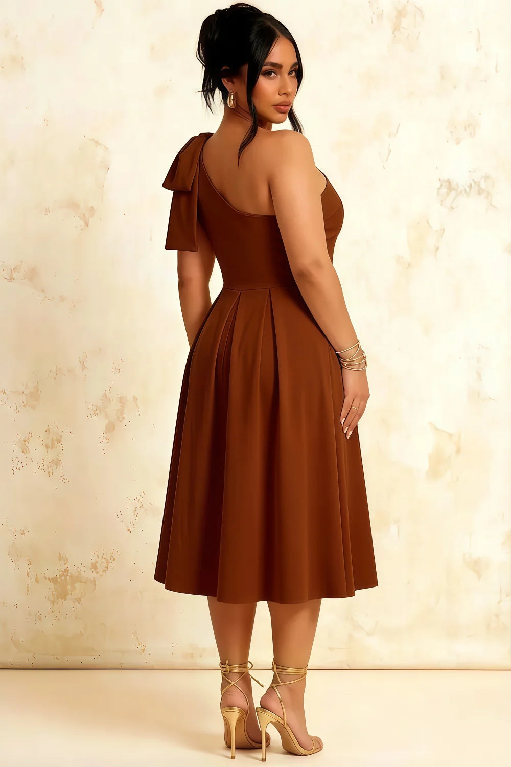 Giselle Chocolate Gathered Asymmetric Midi Dress