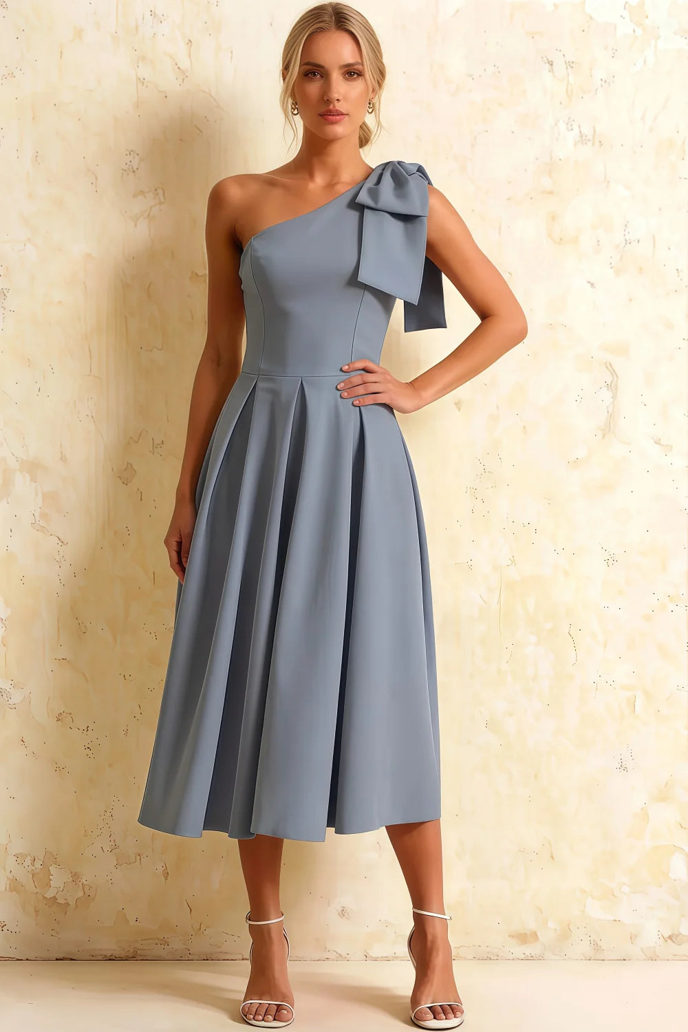 Giselle Dusty Blue Zara Asymmetric Midi Dress with Bow Main image