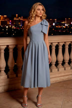 Giselle Dusty Blue Zara Asymmetric Midi Dress with Bow