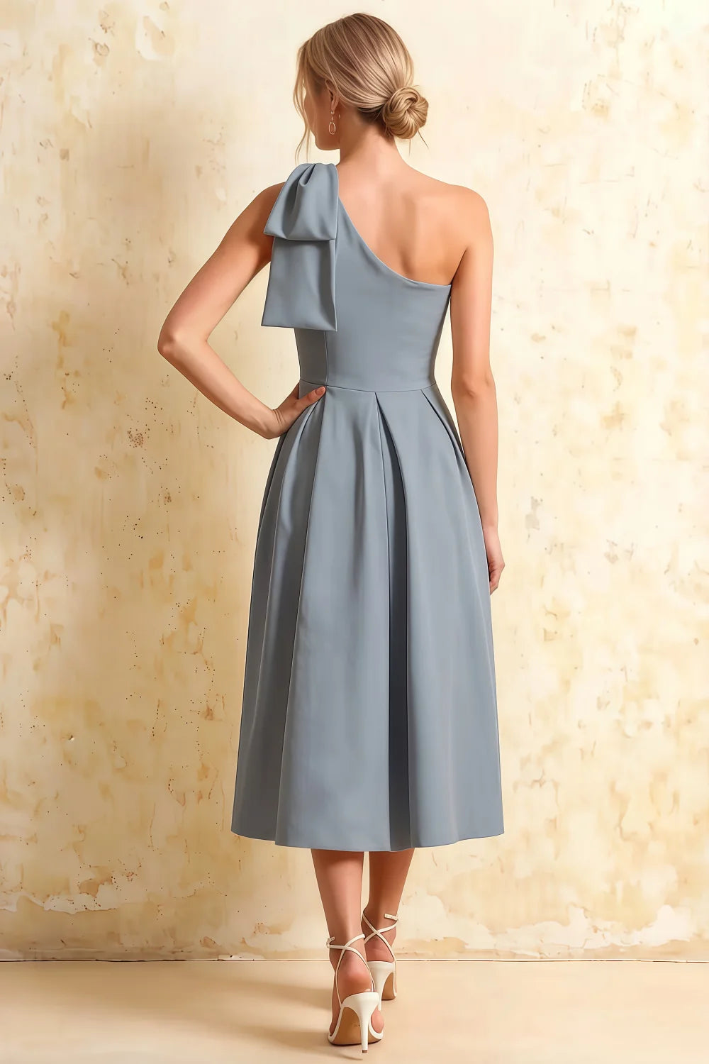 Giselle Dusty Blue Zara Asymmetric Midi Dress with Bow