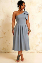 Giselle Dusty Blue Zara Asymmetric Midi Dress with Bow