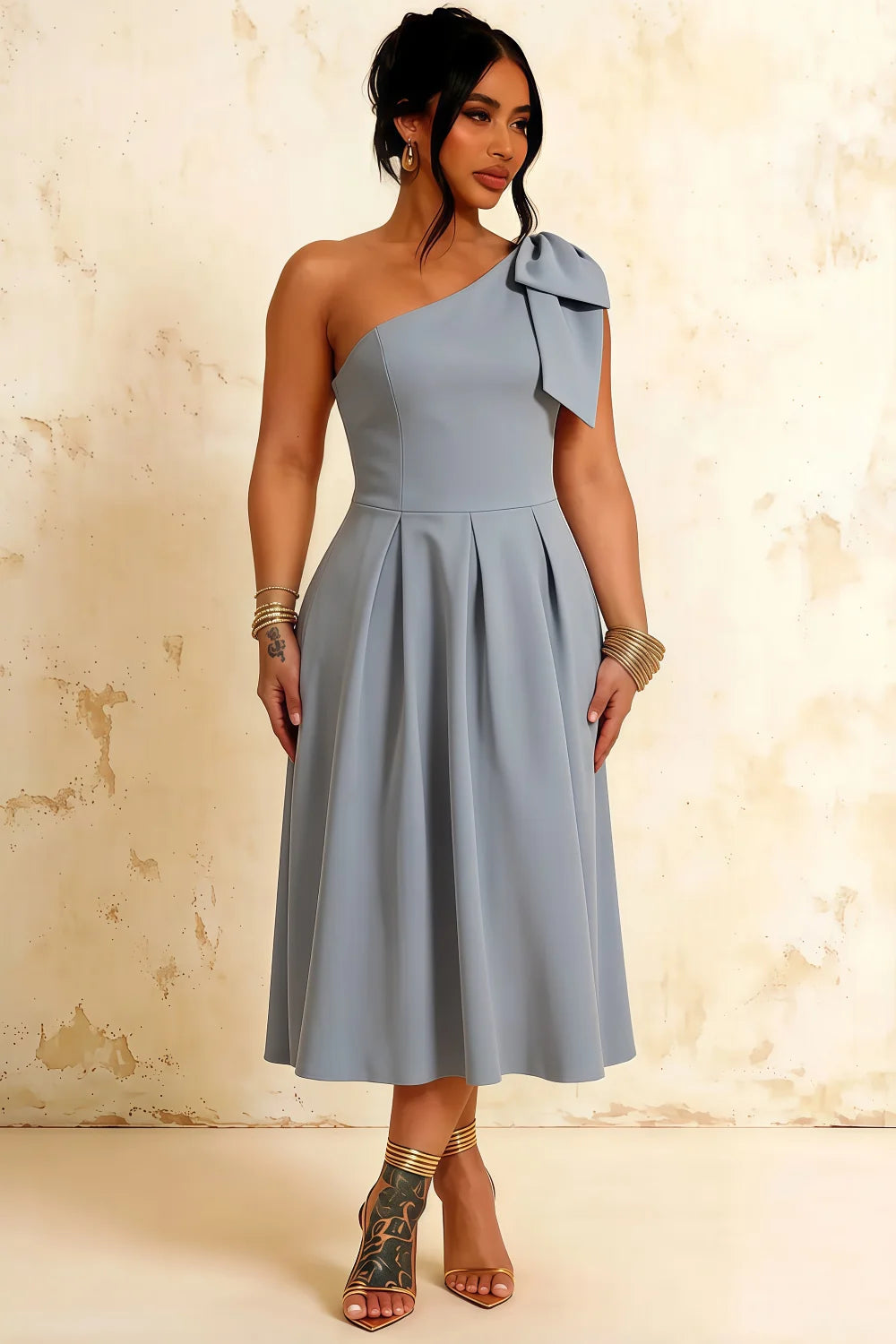 Giselle Dusty Blue Zara Asymmetric Midi Dress with Bow