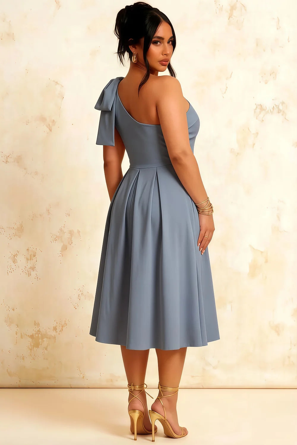 Giselle Dusty Blue Zara Asymmetric Midi Dress with Bow