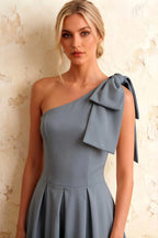 Giselle Dusty Blue Zara Asymmetric Midi Dress with Bow