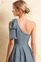 Giselle Dusty Blue Zara Asymmetric Midi Dress with Bow