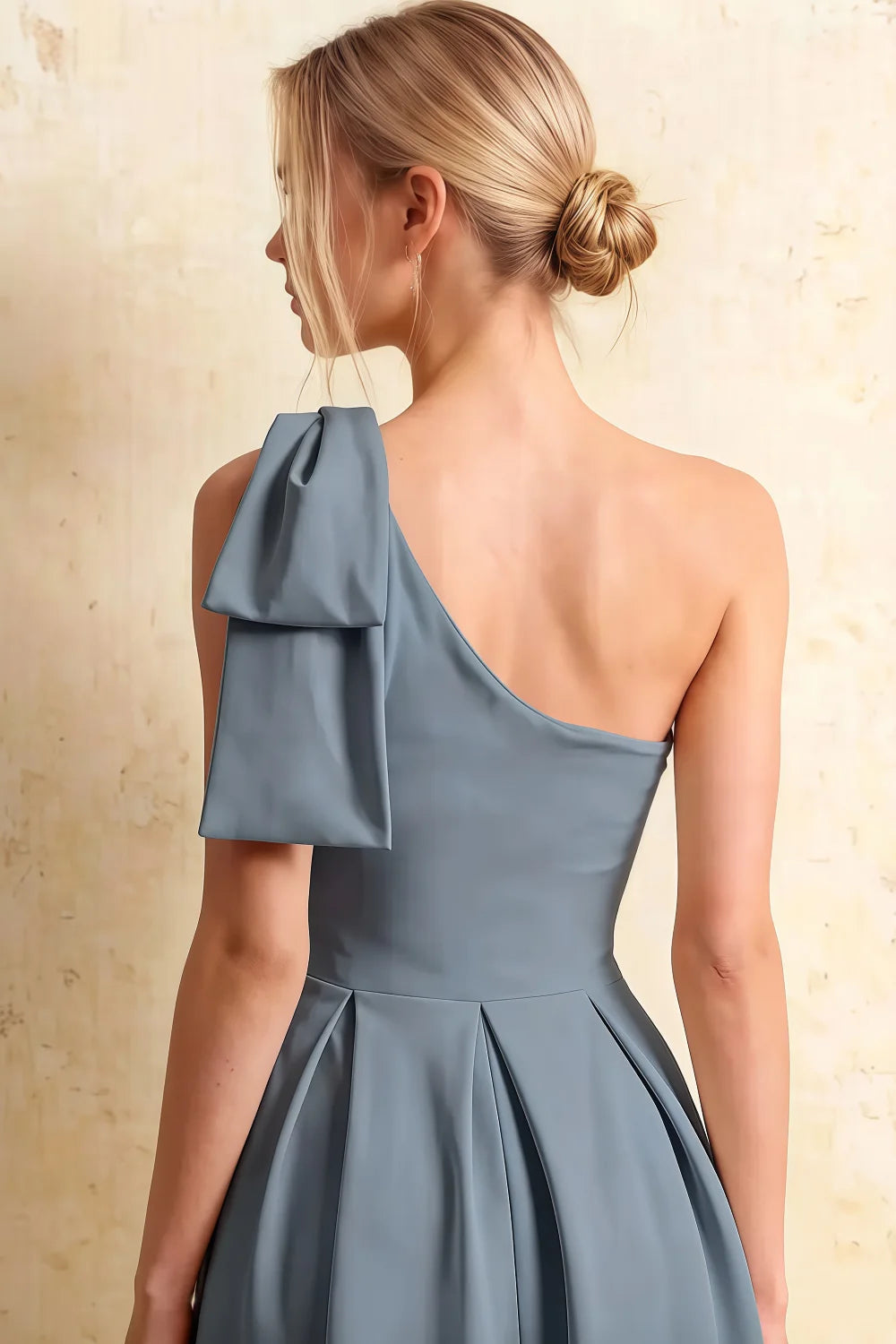 Giselle Dusty Blue Zara Asymmetric Midi Dress with Bow