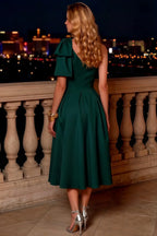 Giselle Emerald Green Midi Dress Asymmetrical with Bow Sleeve