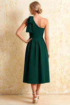 Giselle Emerald Green Midi Dress Asymmetrical with Bow Sleeve
