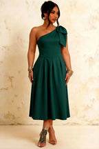 Giselle Emerald Green Midi Dress Asymmetrical with Bow Sleeve