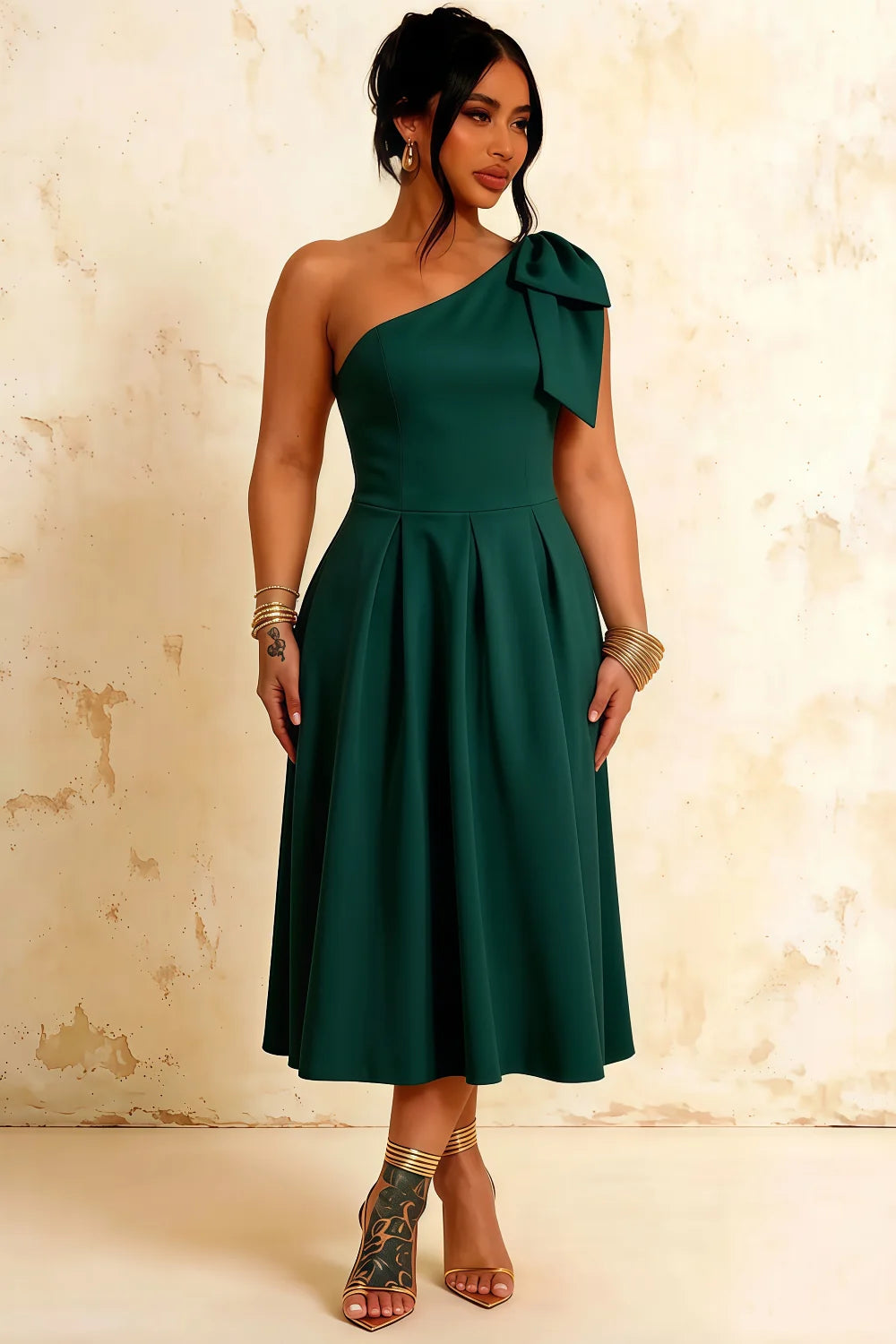 Giselle Emerald Green Midi Dress Asymmetrical with Bow Sleeve