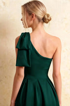 Giselle Emerald Green Midi Dress Asymmetrical with Bow Sleeve