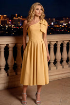 Giselle Golden Bonjour Asymmetric Midi Dress with Bow