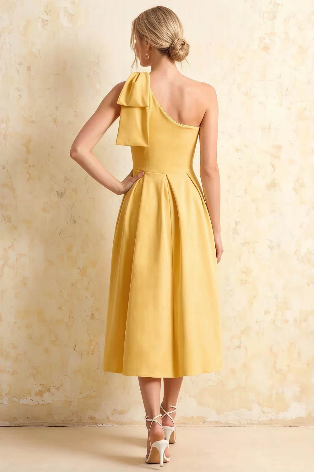 Giselle Golden Bonjour Asymmetric Midi Dress with Bow