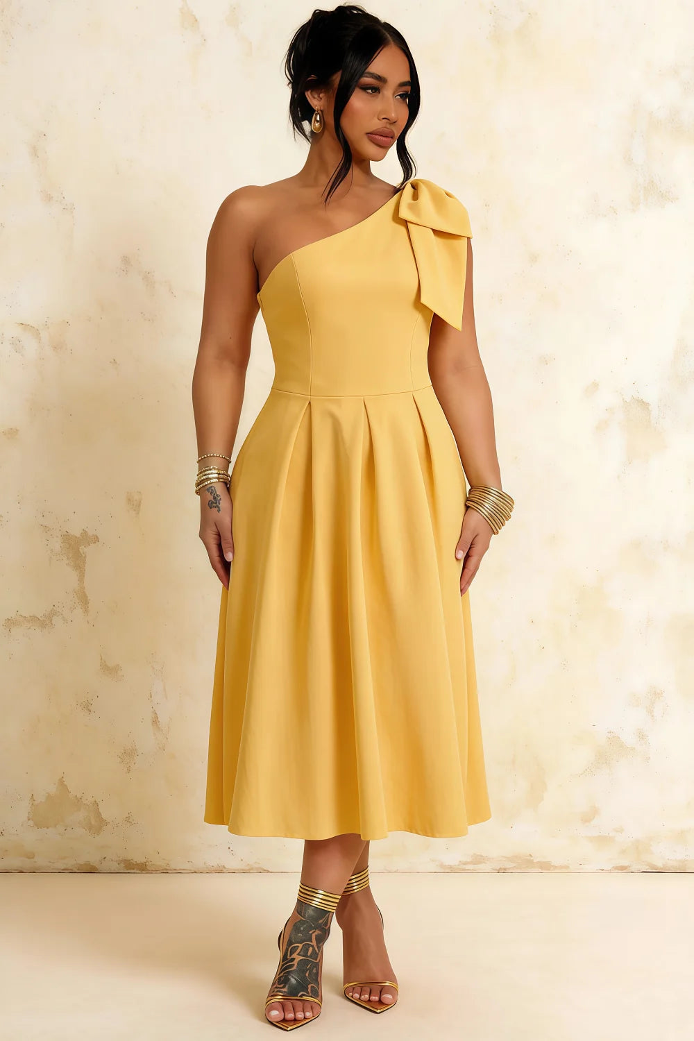 Giselle Golden Bonjour Asymmetric Midi Dress with Bow