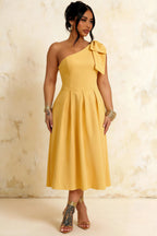 Giselle Golden Bonjour Asymmetric Midi Dress with Bow