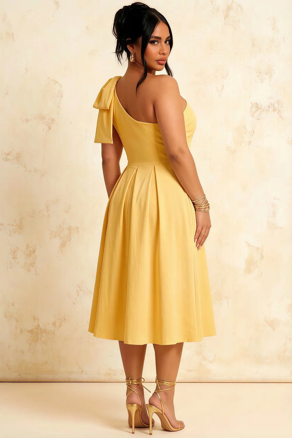 Giselle Golden Bonjour Asymmetric Midi Dress with Bow