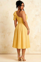 Giselle Golden Bonjour Asymmetric Midi Dress with Bow