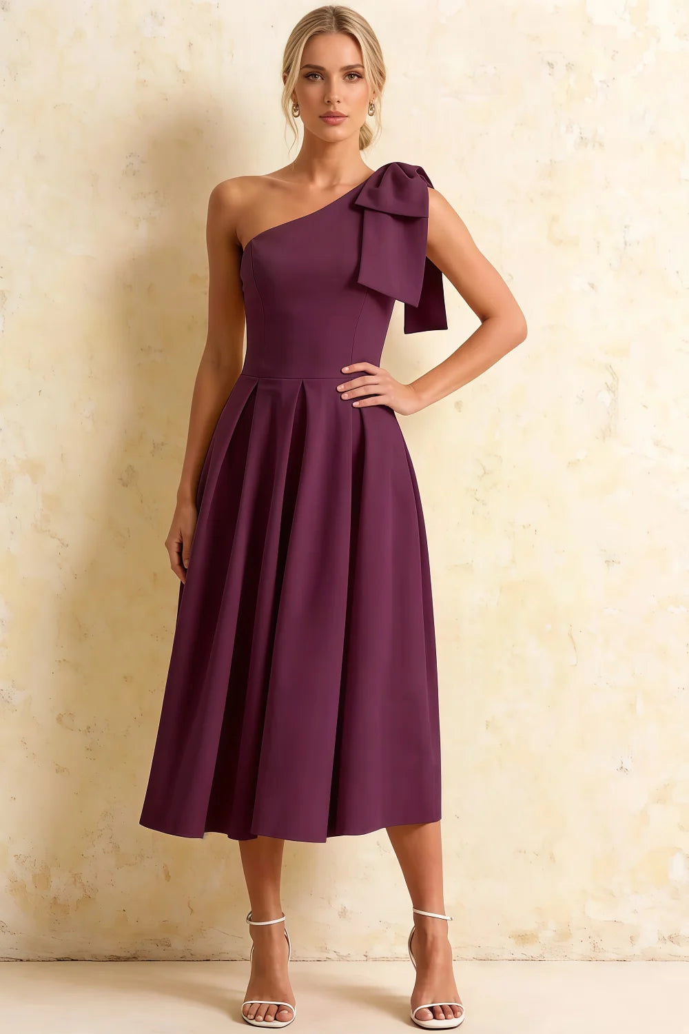 Giselle Grape Asymmetric Draped Midi Dress Cos with Bow Main image