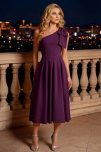 Giselle Grape Asymmetric Draped Midi Dress Cos with Bow