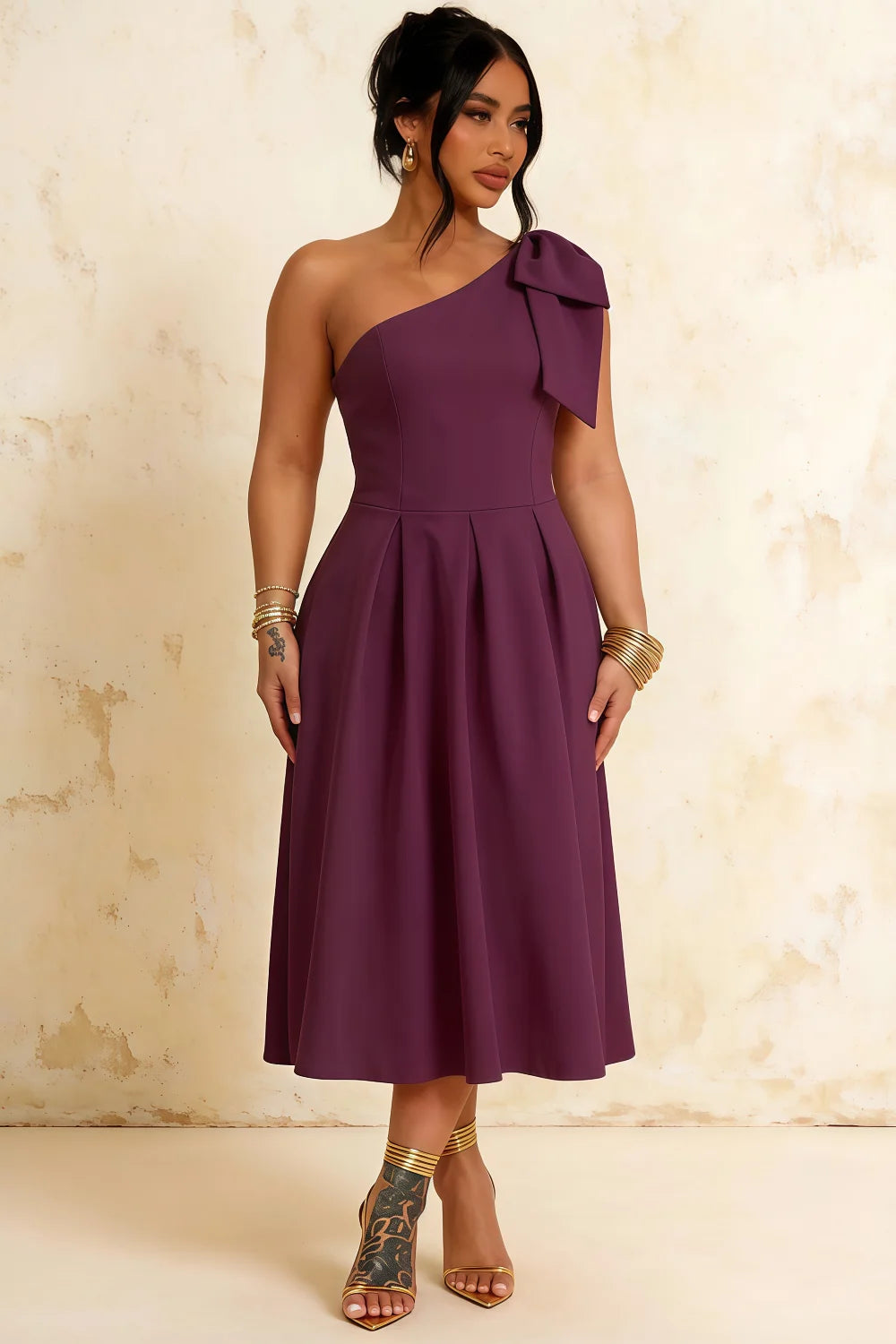 Giselle Grape Asymmetric Draped Midi Dress Cos with Bow