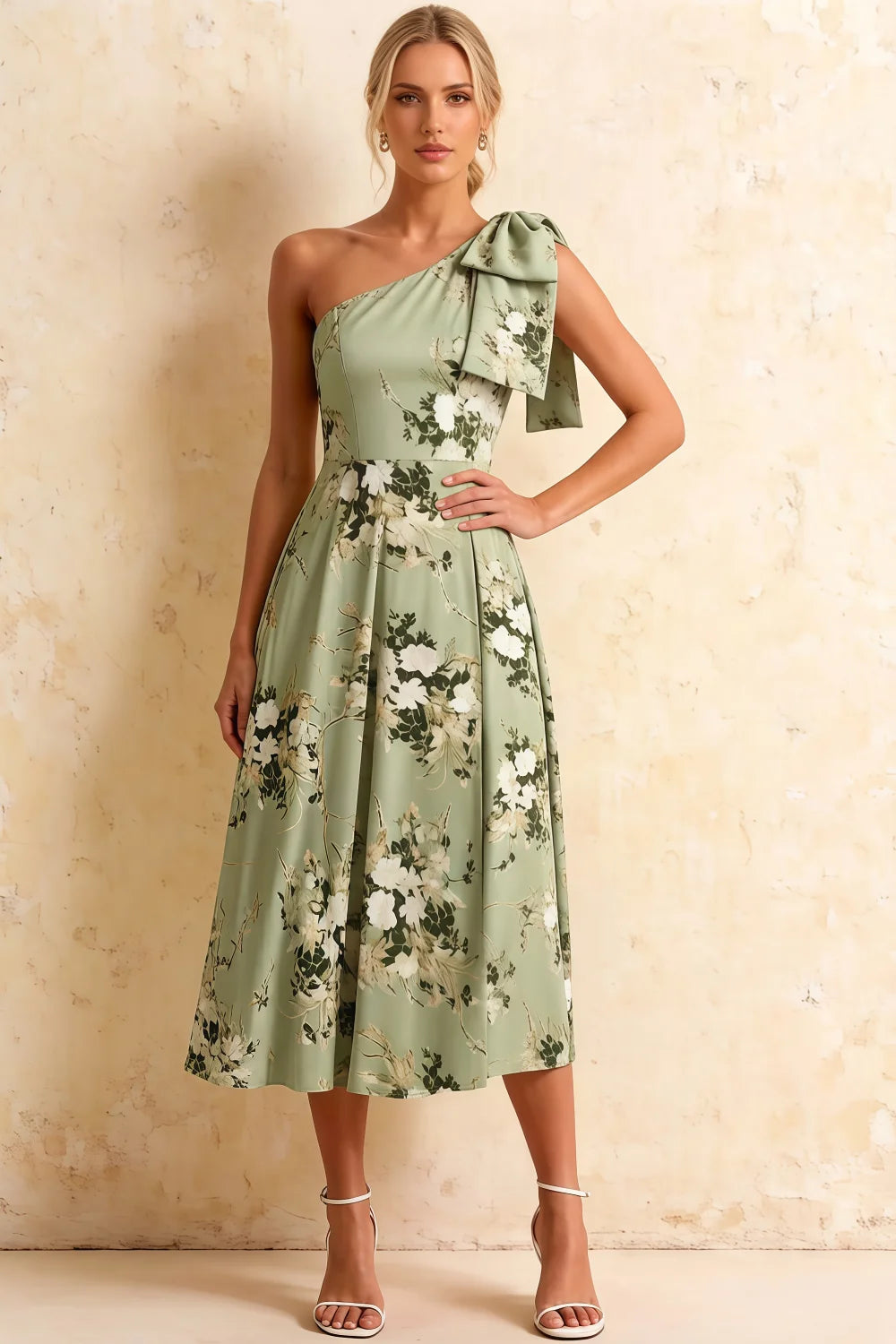 Vestido midi asimétrico floral Giselle Green Harlyn con lazo Imagen principal del producto