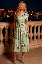 Giselle Green Harlyn Asymmetrical Floral Midi Dress with Bow
