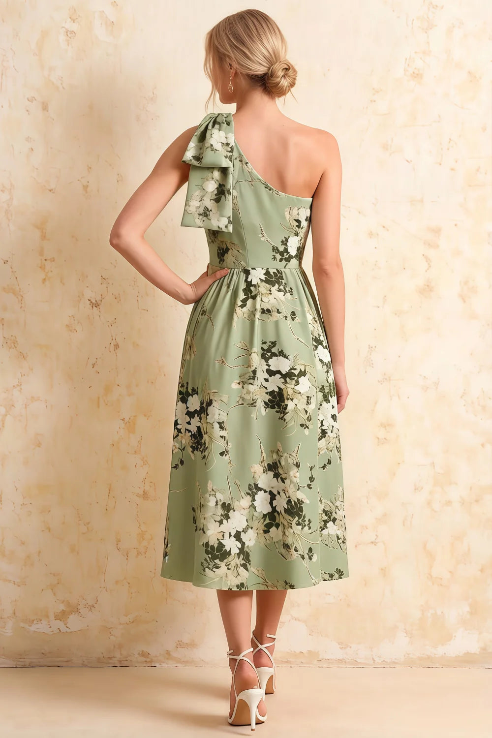 Giselle Green Harlyn Asymmetrical Floral Midi Dress with Bow