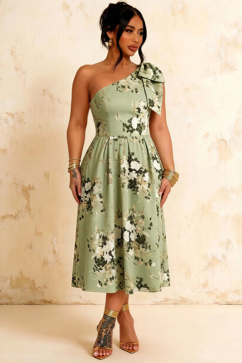 Giselle Green Harlyn Asymmetrical Floral Midi Dress with Bow
