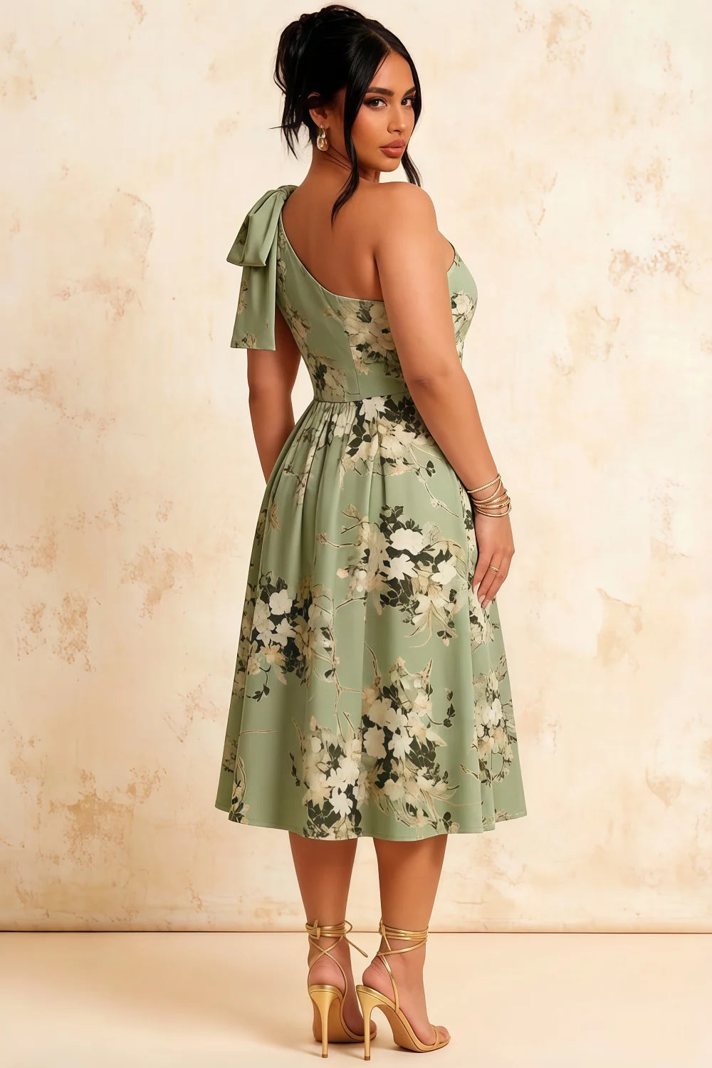 Giselle Green Harlyn Asymmetrical Floral Midi Dress with Bow