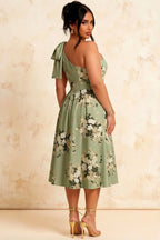 Giselle Green Harlyn Asymmetrical Floral Midi Dress with Bow