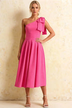 Giselle Hot Pink Asymmetric Draped Midi Dress with Bow Sleeve